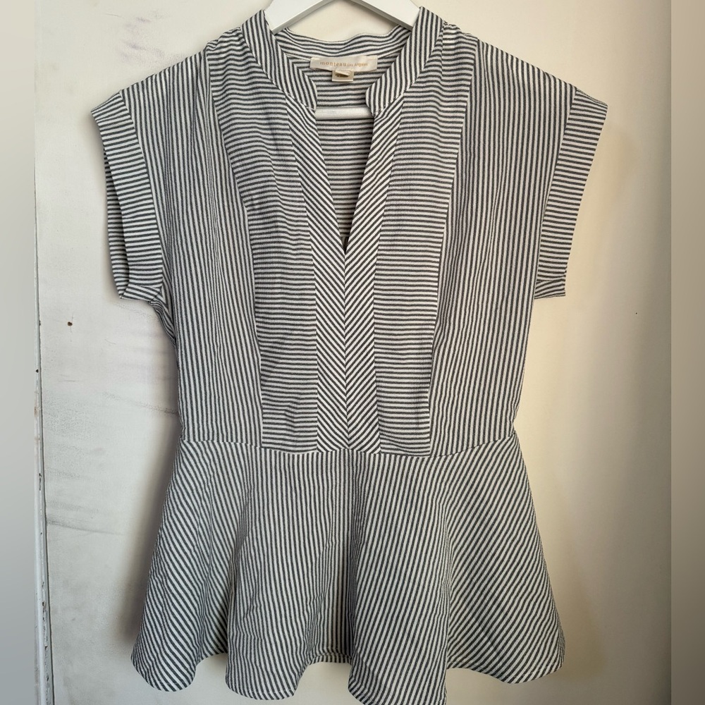Monteau Grey and White Striped Peplum Blouse